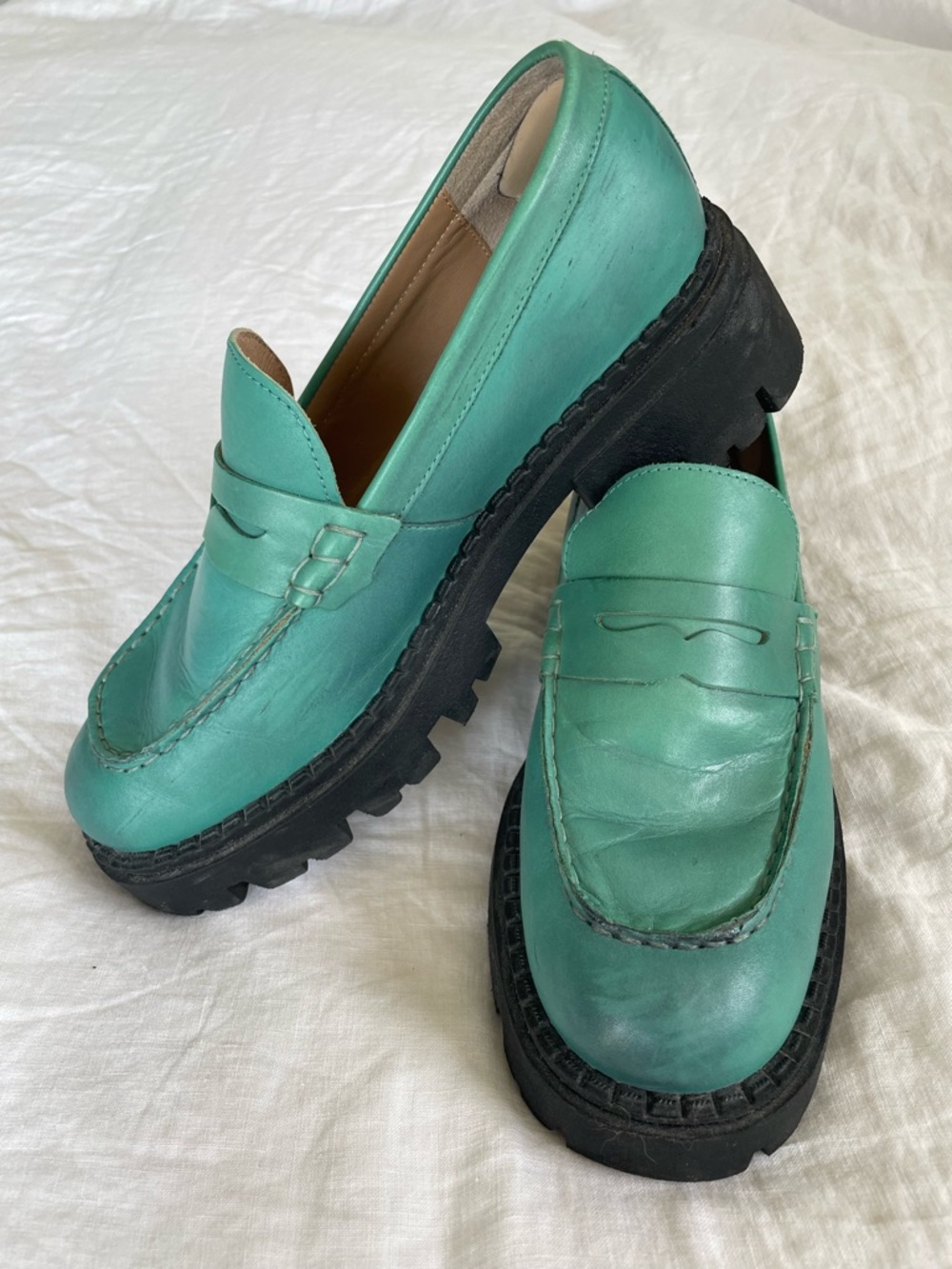 Free People Turquoise Decker Penny Loafers with Chunky Lug Platform Soles - 41